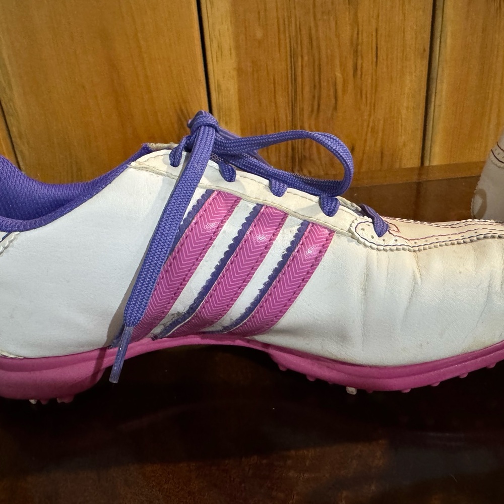Adidas White Pink and Purple Stripe Golf Shoes - Picture 2 of 5